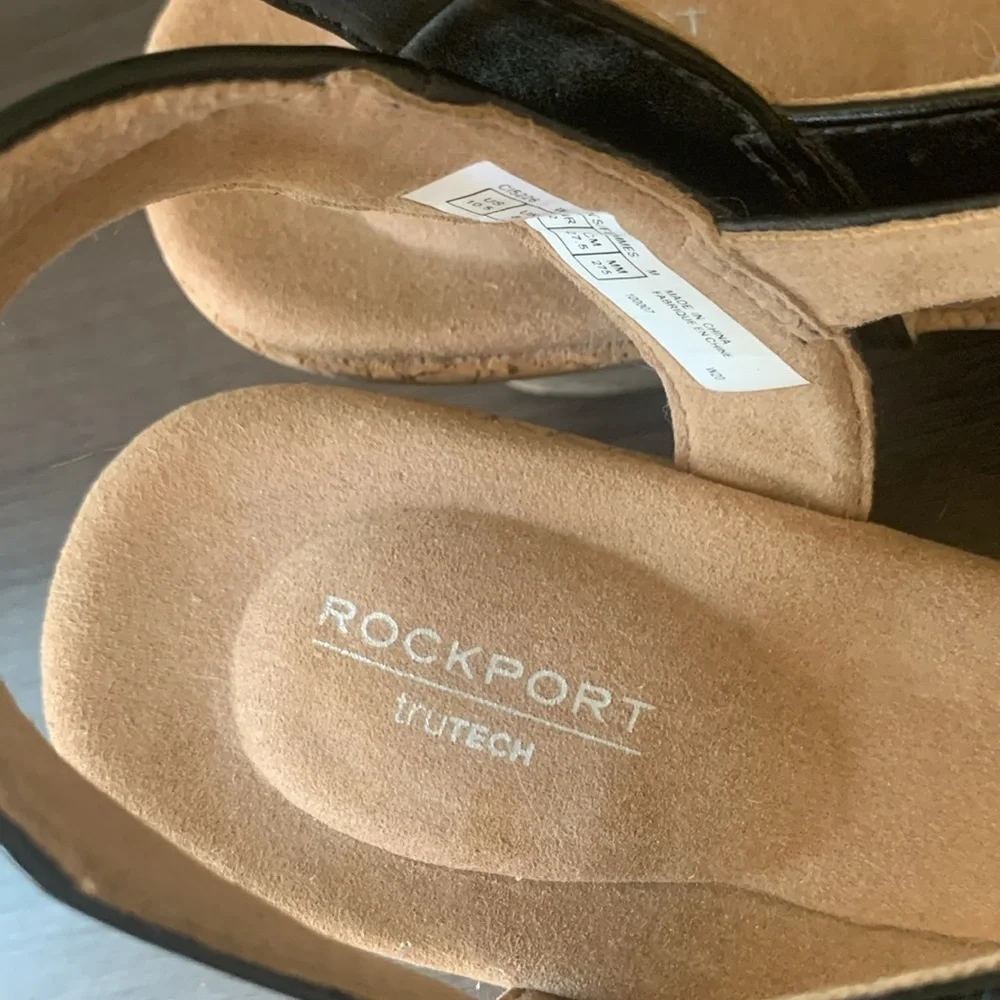 Rockport Blanca T Strap Black Leather Wedge Sandal Size 10.5